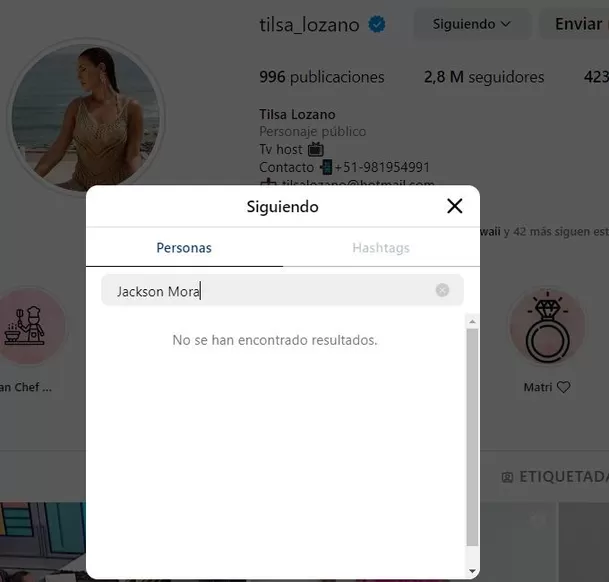 Tilsa Lozano ya no sigue a su esposo Jackson Mora en Instagram/Foto: Instagram