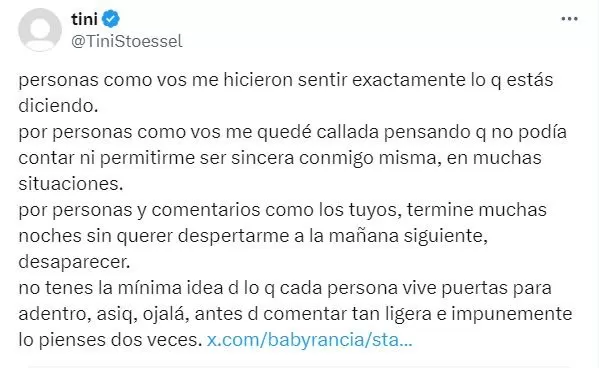 Respuesta de Tini a seguidora de X/Foto: X 