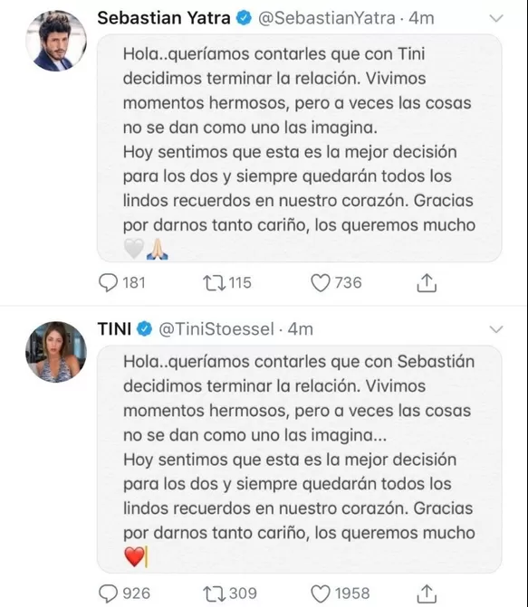 Comunicado de Tini y Sebastián Yatra cuando terminaron su relación. Fuente: Twitter