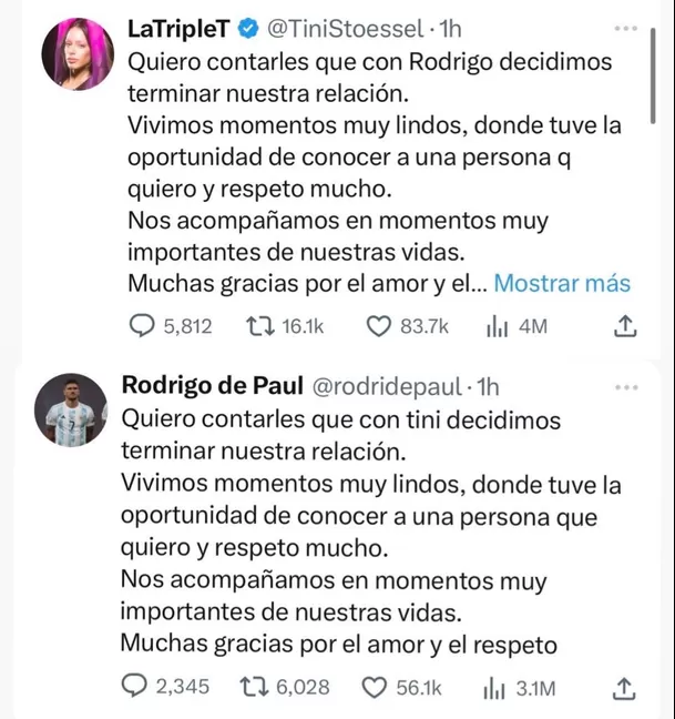 Comunicado de Tini y Rodrigo de Paul cuando terminaron su relación. Fuente: Twitter