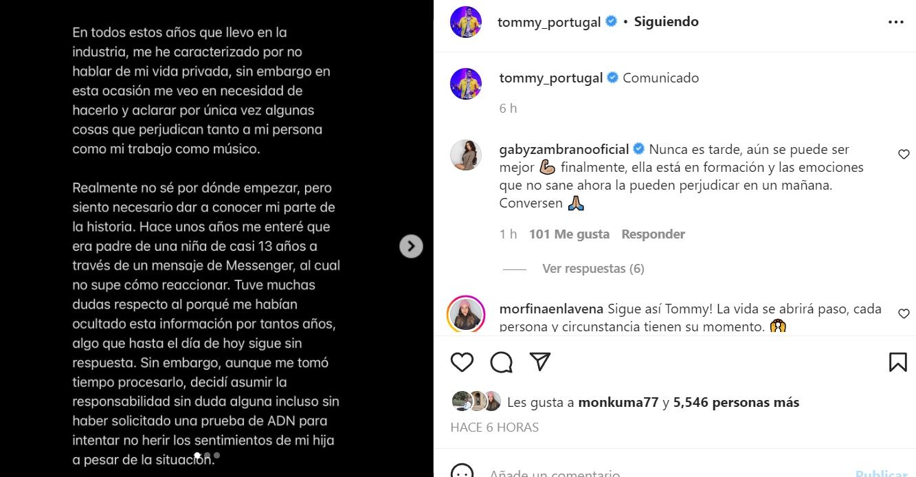 Tommy Portugal se defiende tas declaraciones de su hija