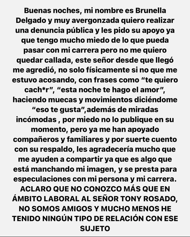 Denuncia pública contra Tony Rosado de Brunella Delgado/Foto: Instagram