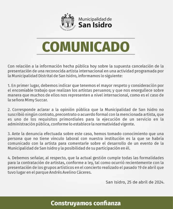 Comunicado de la Municipalidad de San Isidro | Imagen: Instagram