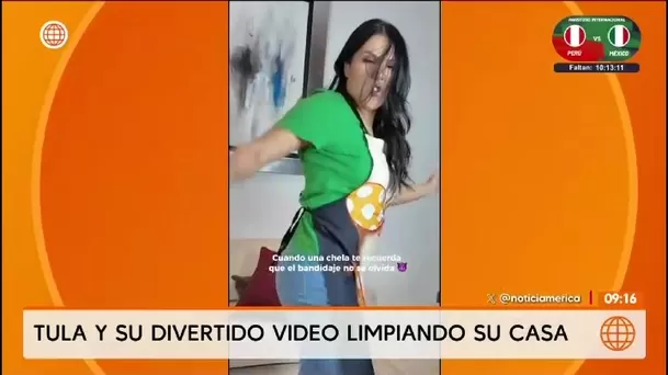 Tula Rodríguez causa risas con sus acrobacias de ‘bandida’ al limpiar su casa/ América Televisión Tula Rodríguez causa risas con sus acrobacias de ‘bandida’ al limpiar su casa/ América Televisión