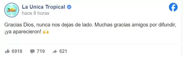 'La Única Tropical' agradeció a seguidores por su preocupación tras la desaparición de dos de los integrantes / Facebook