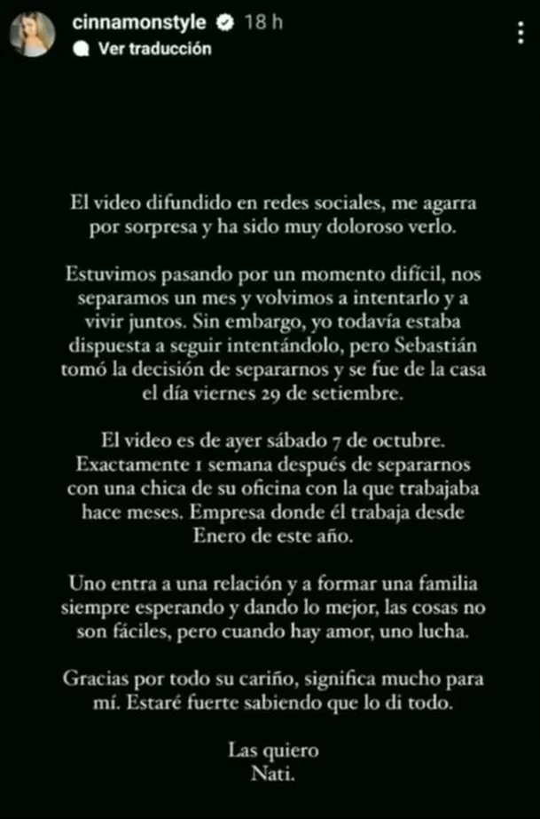 El comunicado de 'Cinnamon Styles' tras video de Sebastián besando a otra mujer / Fuente: Instagram El comunicado de 'Cinnamon Styles' tras video de Sebastián besando a otra mujer / Fuente: Instagram