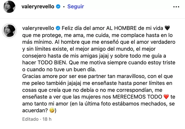 Valery Revello describió a Tomás Tudela como el hombre que la protege, la ama y la cuida. Foto: Instagram