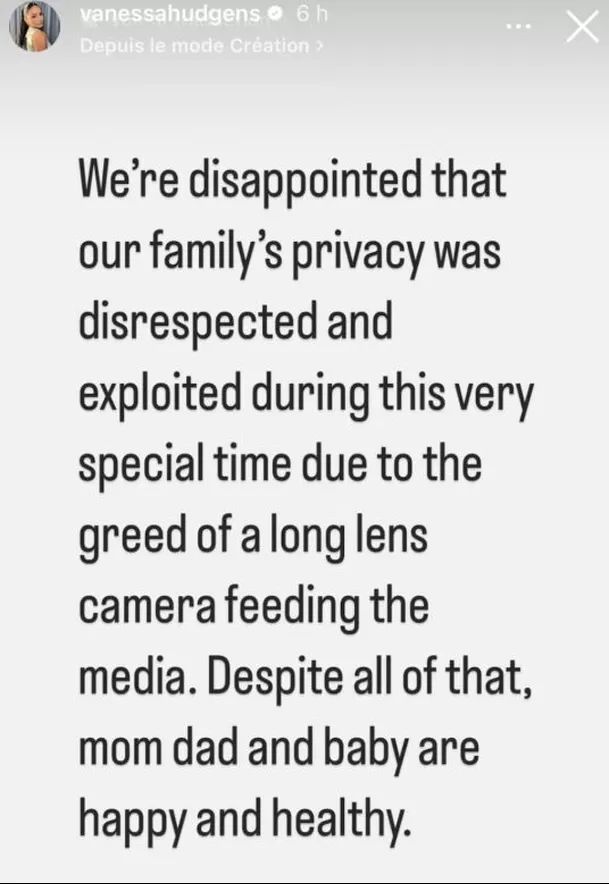 Vanessa Hudgens se pronunció tras fotos en las que aparece saliendo del hospital tras dar a luz a su primer bebé / Instagram