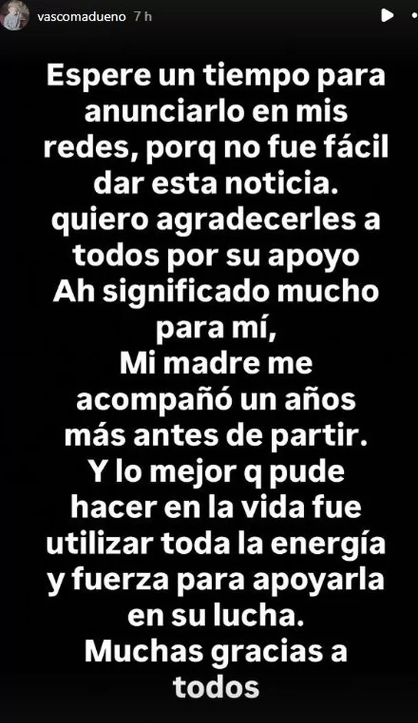 Vasco Madueño revela por qué se tomó un tiempo para dar a conocer la muerte de su madre / Instagram