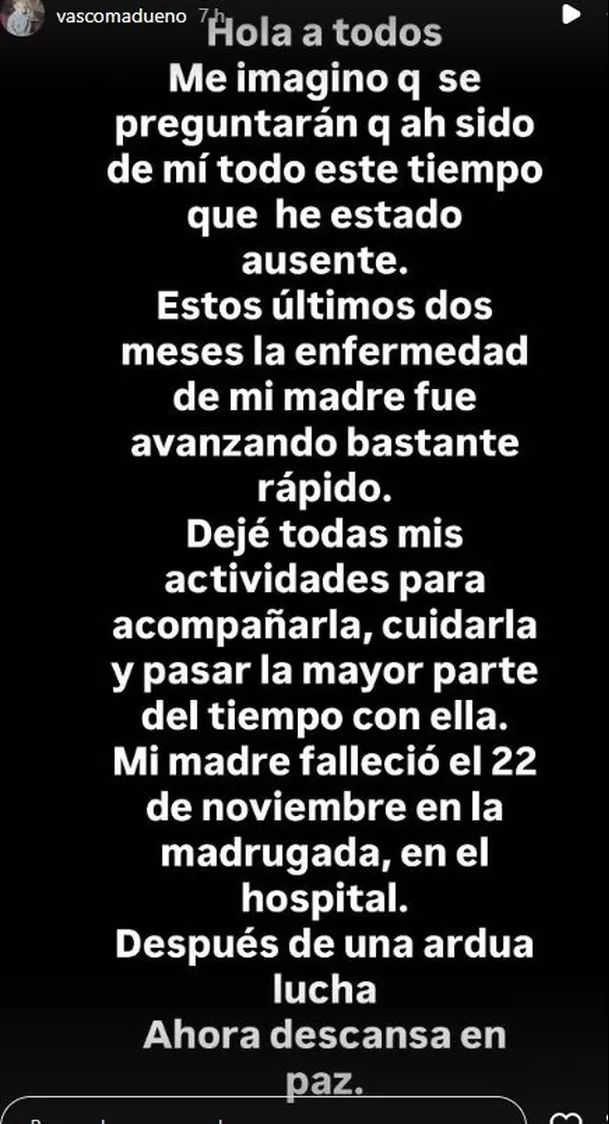 Comunicado de Vasco Madueño sobre la muerte de su madre / Instagram