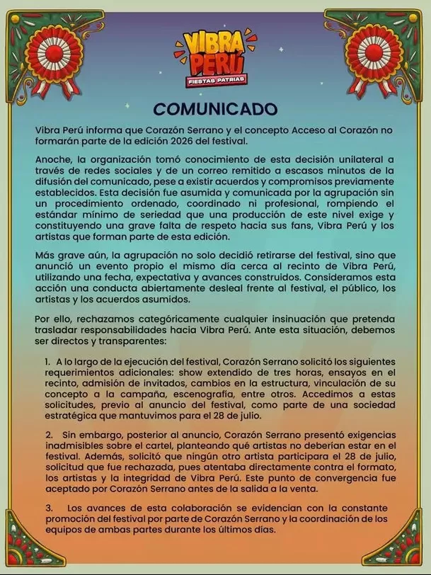 La organización del Vibra Perú rompió su silencio y lanzó fuertes acusaciones contra Corazón Serrano tras anunciar su retiro del festival. Foto: Instagram La organización del Vibra Perú rompió su silencio y lanzó fuertes acusaciones contra Corazón Serrano tras anunciar su retiro del festival. Foto: Instagram
