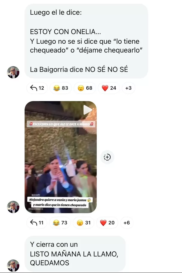 Ric La Torre mostró imágenes entre Alejandra Baigorria y Mario Irivarren sobre Onelia Molina. Fuente: Instagram Ric La Torre mostró imágenes entre Alejandra Baigorria y Mario Irivarren sobre Onelia Molina. Fuente: Instagram