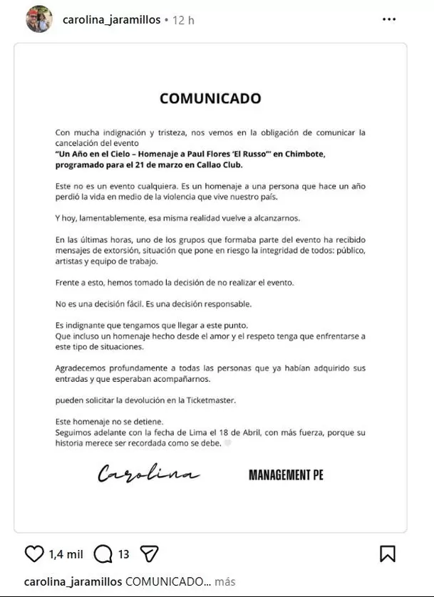 La viuda de Paul Flores anunció que cancelan homenaje por extorsión a uno de los grupos. Foto: Instagram