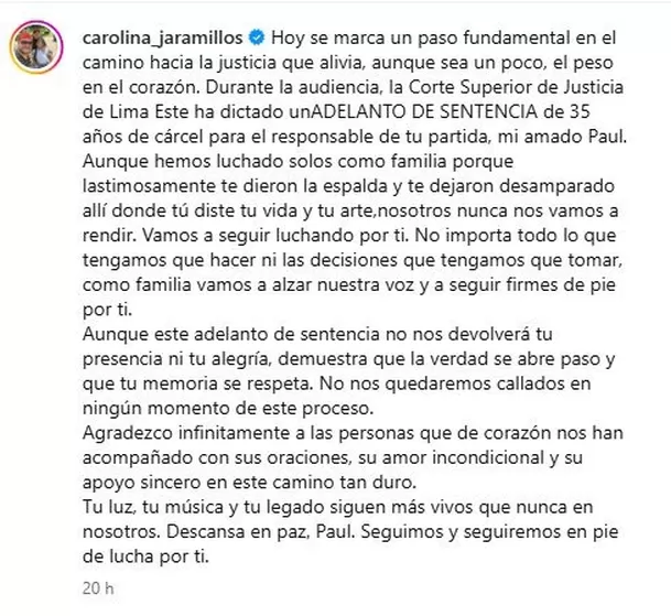 Carolina Jaramillo deja mensaje tras sentencia contra asesino de Paul Flores / IG: @carolina_jaramillos