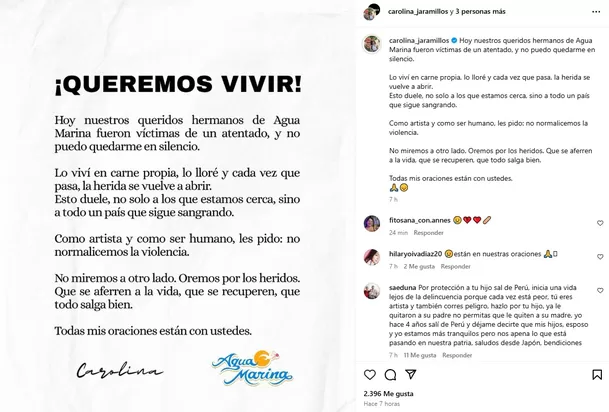 Viuda de Paul Flores expresa apoyo a orquesta Agua Marina/ Instagram