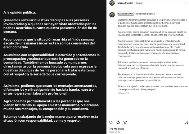 Luego de la ola de críticas y viralización de los videos, Blizzard Hunter emitió un comunicado público reconociendo que la situación “escaló de una manera incorrecta”. Foto: Instagram