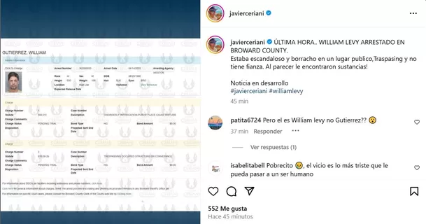 Javier Ceriani compartió documento del arresto de William Levy en Florida / Instagram Javier Ceriani compartió documento del arresto de William Levy en Florida / Instagram
