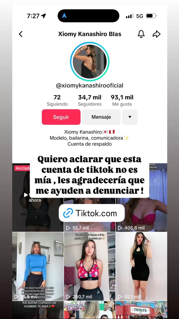 Xiomy Kanashiro aclara cuenta en TikTok / Captura Xiomy Kanashiro aclara cuenta en TikTok / Captura