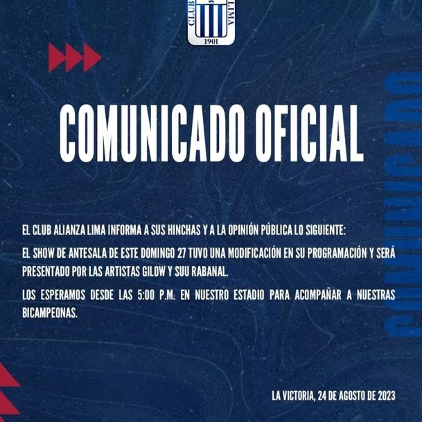 Comunicado del Club Alianza Lima cancelando show de Yahaira Plasencia/ Foto: IG Club Alianza Lima