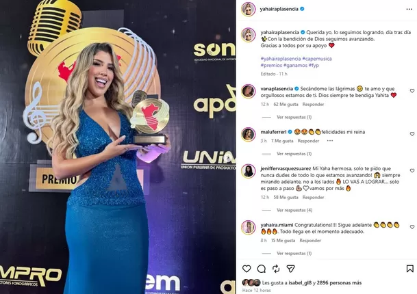 Yahaira Plasencia recibió premio por su canción 'ExMachito' / IG: @yahairaplasencia