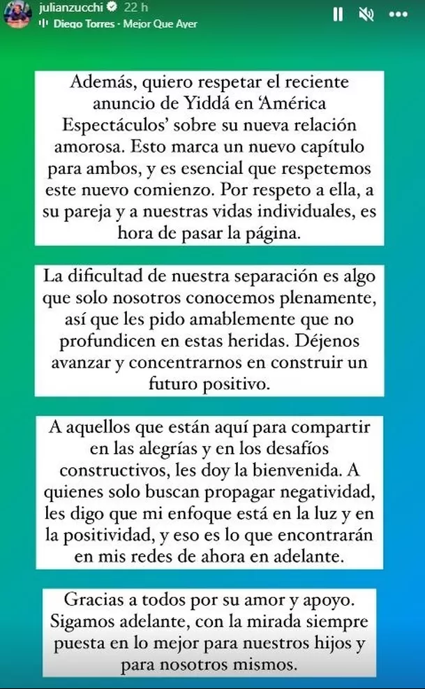 Julián Zucchi aseguró que respeta la nueva relación de Yiddá Eslava / Instagram