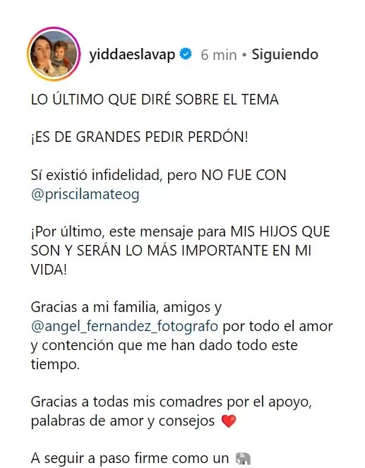 Mensaje publicado por Yiddá Eslava en Instagram/Foto: Instagram