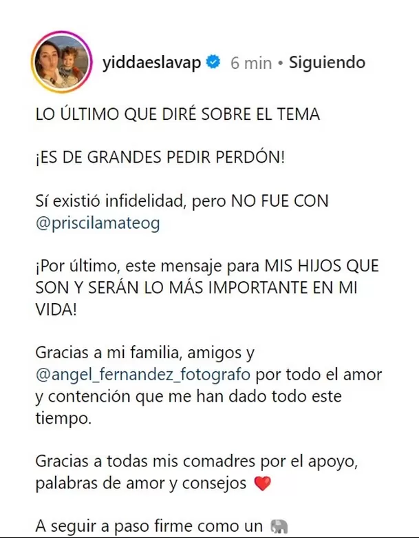 Mensaje publicado por Yiddá Eslava en Instagram/Foto: Instagram