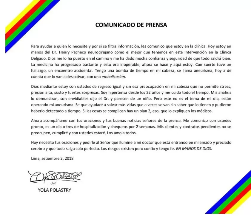 En el 2018, Yola Polastri envió comunicado para dar a conocer que sufría de un aneurisma / Facebook