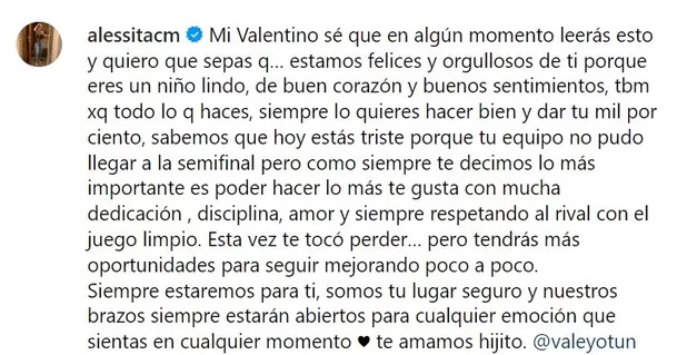 Mensaje de la esposa de Yoshimar Yotún, Alessandra Cordero dedicado a su hijo Valentino/Foto: Instagram