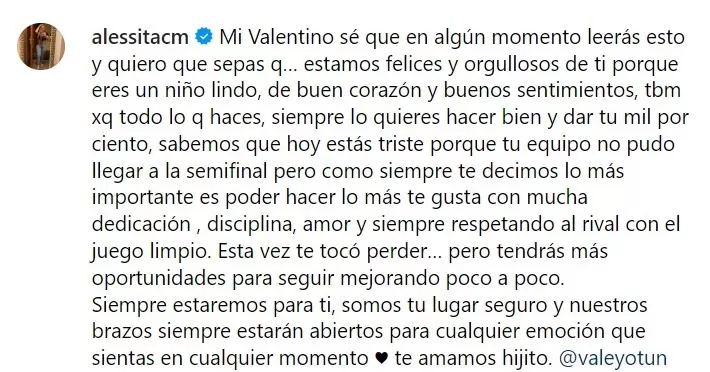 Mensaje de la esposa de Yoshimar Yotún, Alessandra Cordero dedicado a su hijo Valentino/Foto: Instagram