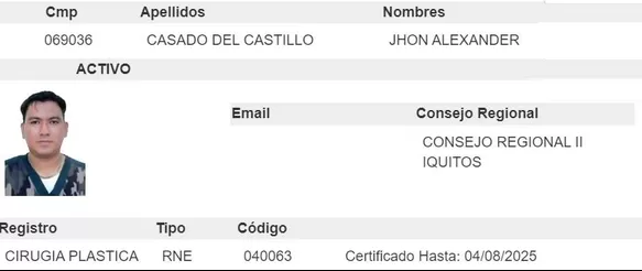 Jhon Casado se encuentra activo en Colegio Médico del Perú  y registrado como Cirujano Plástico/ Foto: CMP