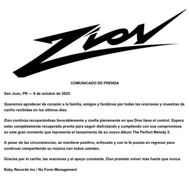 El reguetonero Zion lanza nuevo comunicado oficial sobre su estado de salud / Instagram