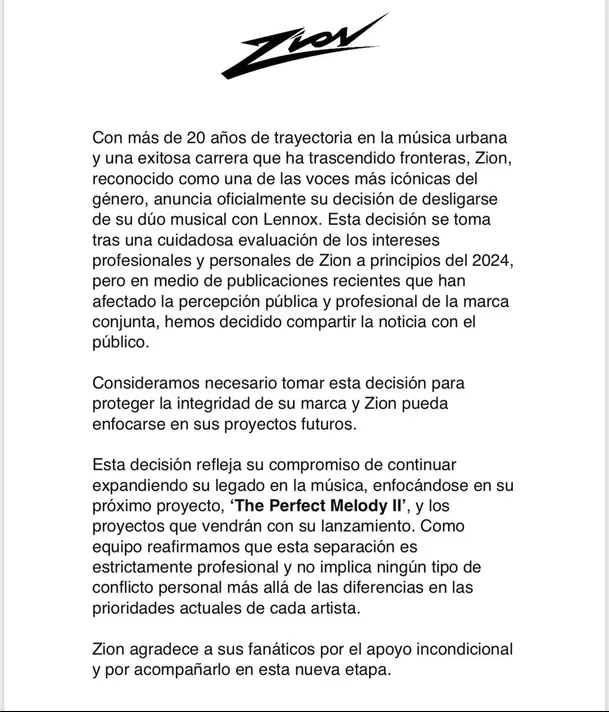 Separación de Zion y Lennox. Fuente: Instagram