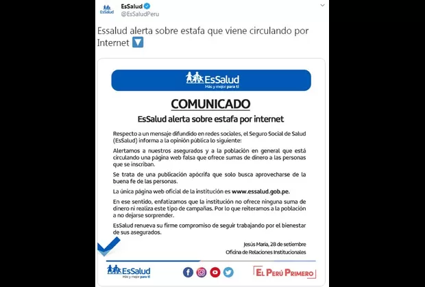 EsSalud advierte que usan nombre en sitio web falso para estafas