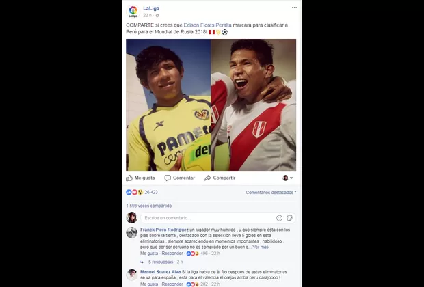 Facebook: La Liga española sorprende con publicación apoyando a la selección peruana
