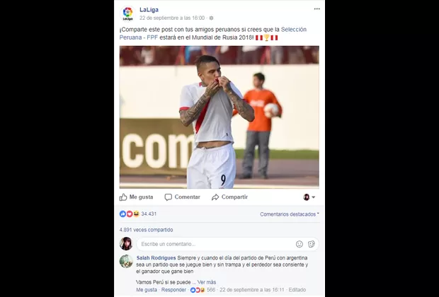 Facebook: La Liga española sorprende con publicación apoyando a la selección peruana