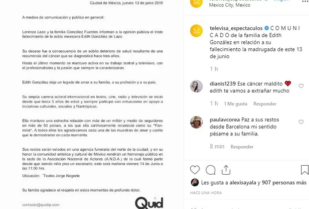 Edith González comunicado