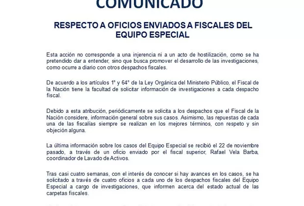 Fiscalía: Informe solicitado al Equipo Especial no es hostilización ni injerencia
