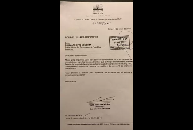 Fuerza Popular aceptó oficialmente la renuncia de Daniel Salaverry 