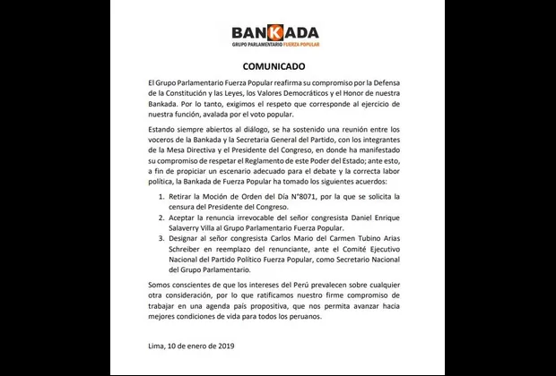 Fuerza Popular retiró moción de censura contra Daniel Salaverry