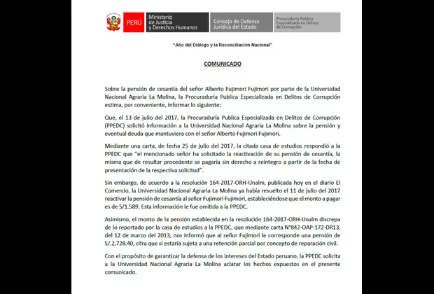 Fujimori: Procuraduría pide que Universidad Agraria brinde detalles de pensión