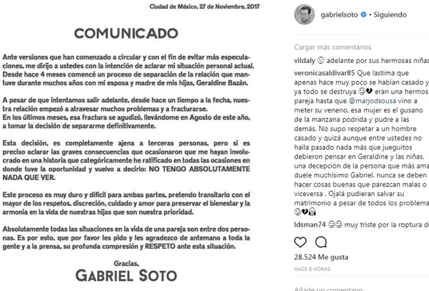 Gabirel Soto confirma separación de Geraldine Bazán