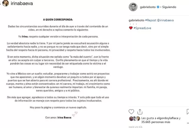 Irina Baeva comunicado Gabriel Soto