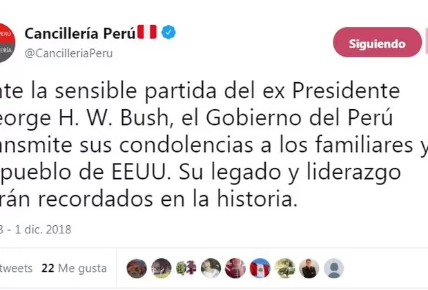 George H.W. Bush: Perú mostró condolencias por muerte de expresidente de EE.UU.