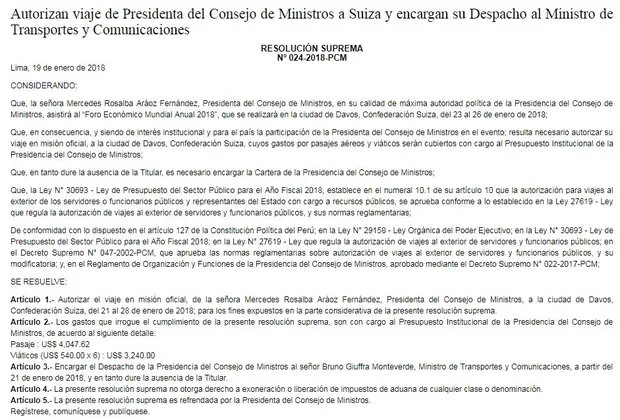 Gobierno autorizó viaje de Mercedes Aráoz a Suiza para Foro Económico Mundial