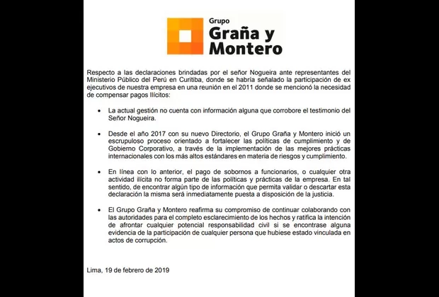 Graña y Montero: La gestión actual no tiene información que corrobore testimonio de Nogueira