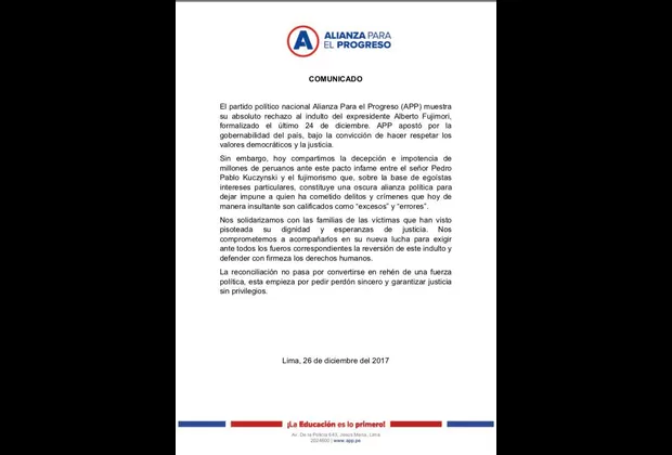 Indulto a Alberto Fujimori: APP mostró su “absoluto rechazo”