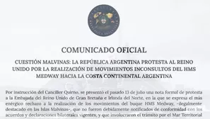 Argentina presentó una protesta formal contra el Reino Unido por la movilización no autorizada de un buque militar británico en el Atlántico sur. Calificó el hecho como una incursión ilegal que afecta la disputa de soberanía por las Islas Malvinas. Video: Canal N