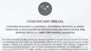 Argentina presentó una protesta formal contra el Reino Unido por la movilización no autorizada de un buque militar británico en el Atlántico sur. Calificó el hecho como una incursión ilegal que afecta la disputa de soberanía por las Islas Malvinas. Video: Canal N