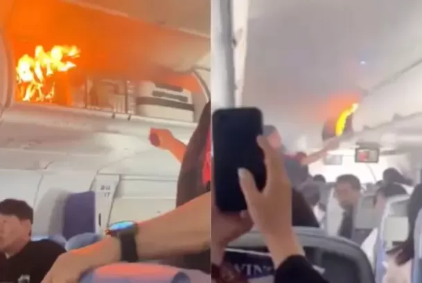 Avión realiza aterrizaje de emergencia por incendio de batería de litio / Captura